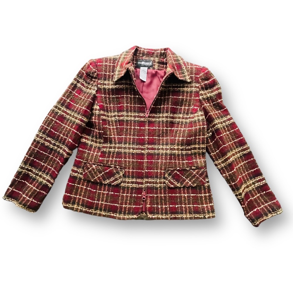 Vtg Sag Harbor Wine/Brown Tweed Crop Zip-up Blazer Women's Size 6P 90s Academia